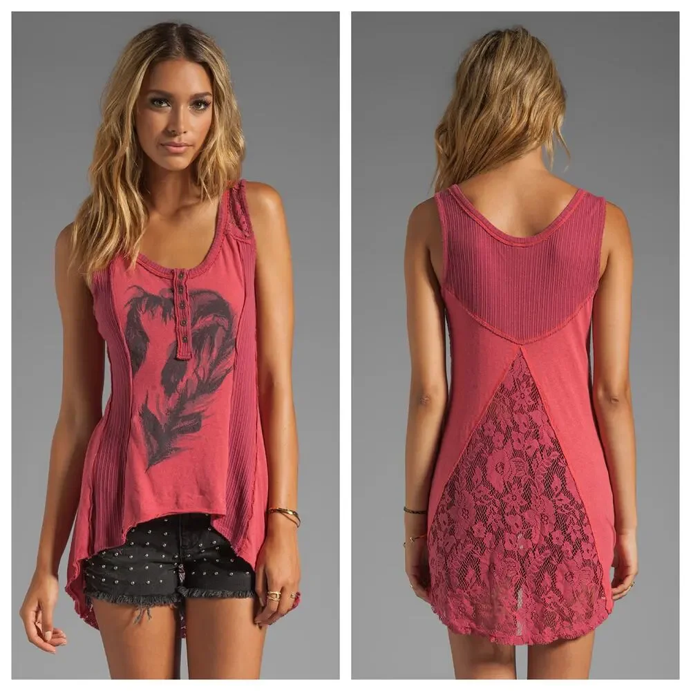 FREE PEOPLE We The Free Night Falls Pieced Tank w/ Feather Graphic Washed Red XS